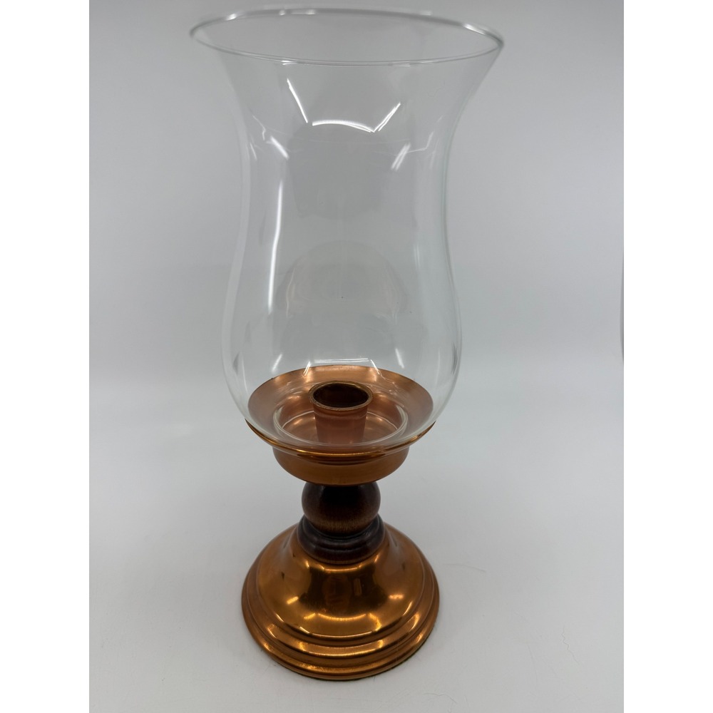 Vintage Coppercraft Guild Hurricane Candle Holder Copper Wood Base Glass Shade
